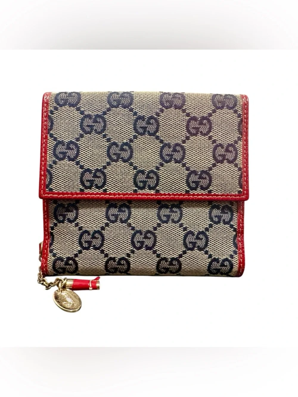 Gucci GG Monogram Navy Canvas & Red Leather Boot Charm Compact Bifold Wallet - Picture 2 of 16